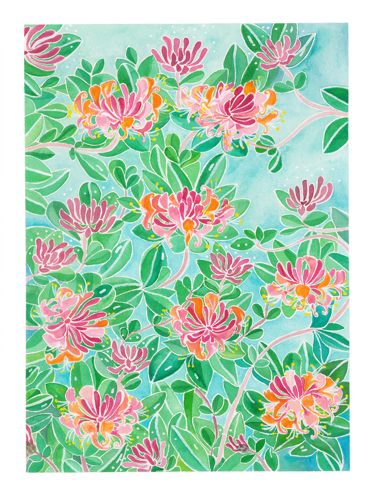 Floral pattern with pink and orange flowers on a light blue background
